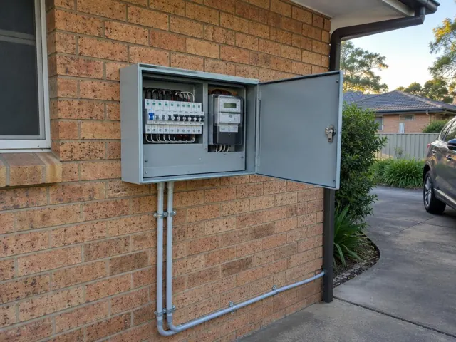 Outdoor electrical switchboard on a brick house wall with conduit and open metal door in Beresfield